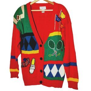 P Galli Cardigan Sweater Small Golf Golfing Football Tennis Red V Neck Vintage